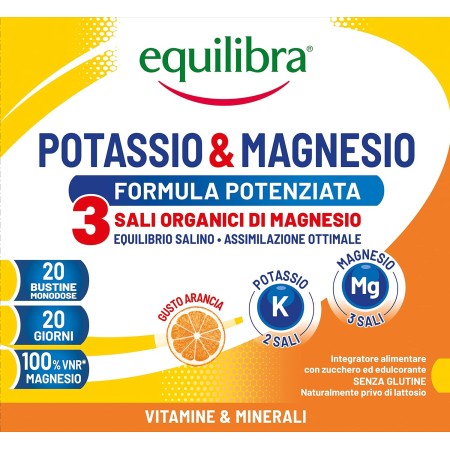 EQUILIBRA INTEGRATORI ALIMENTARI POTASSIO E MAGNESIO GUSTO ARANCIA SENZA GLUTINE E SENZA LATOSIO 20 BUSTINE