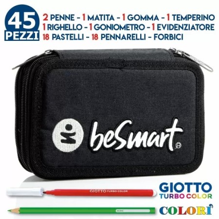 BE SMART ASTUCCIO TIPL NERO PER SCUOLA 18 PASTELLI+ 18 PENNARELLI GIOTTO BLUETTE